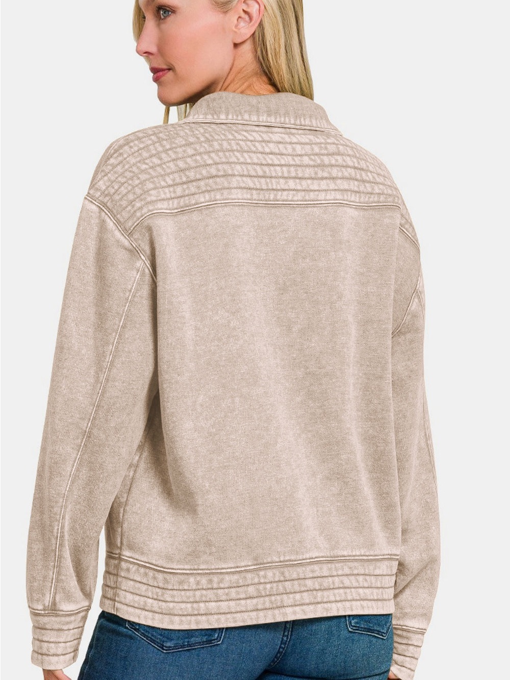 Zenana Acid Washed Half Snap Fleece Sweatshirt - Ash Mocha - Picture 3 of 3